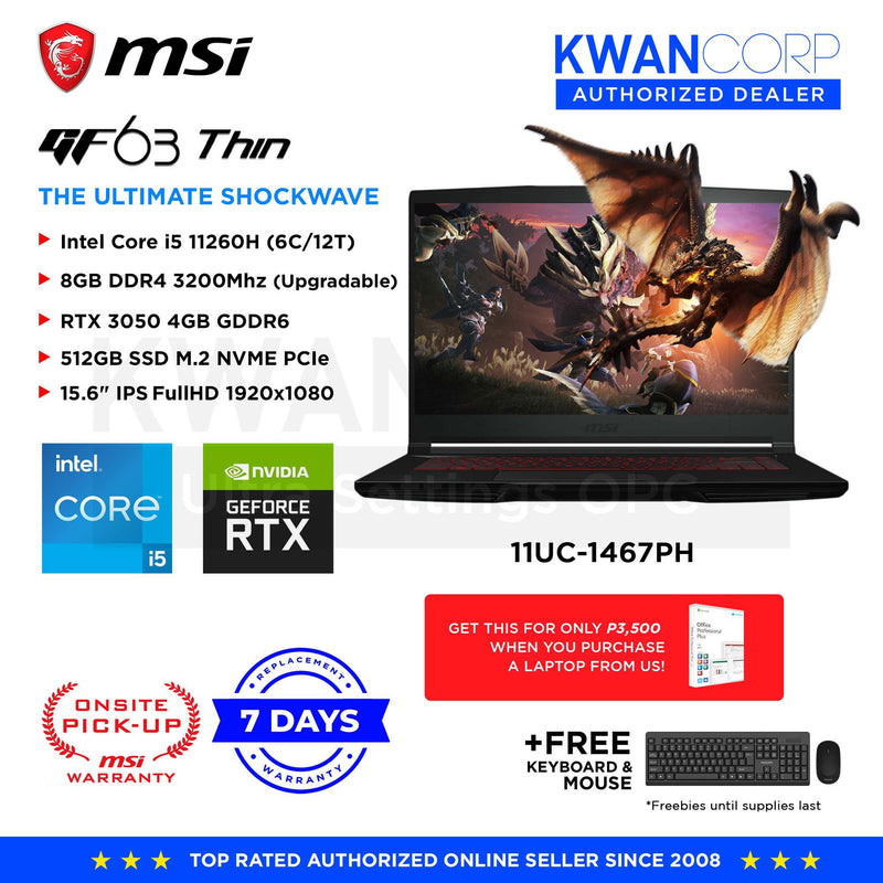 MSI GF63 Thin Intel Core i5 11th Gen 8GB 512GB SSD RTX 3050 4GB 15.6" IPS FHD 144Hz Windows 11 Gaming Laptop