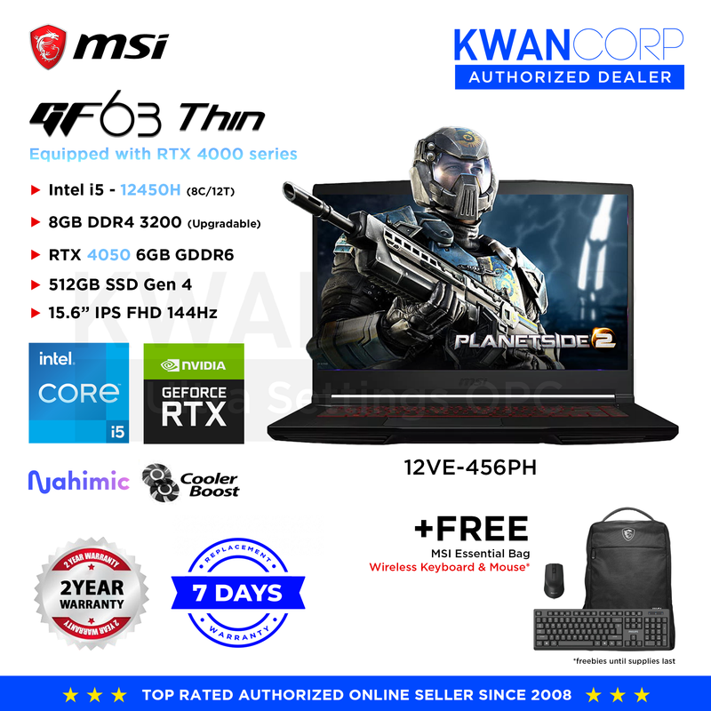 MSI GF63 Thin 12VE-456PH Intel i5 12450H 8GB RAM RTX 4050 6GB 512GB SSD 15.6" IPS FHD 144Hz Gaming Laptop