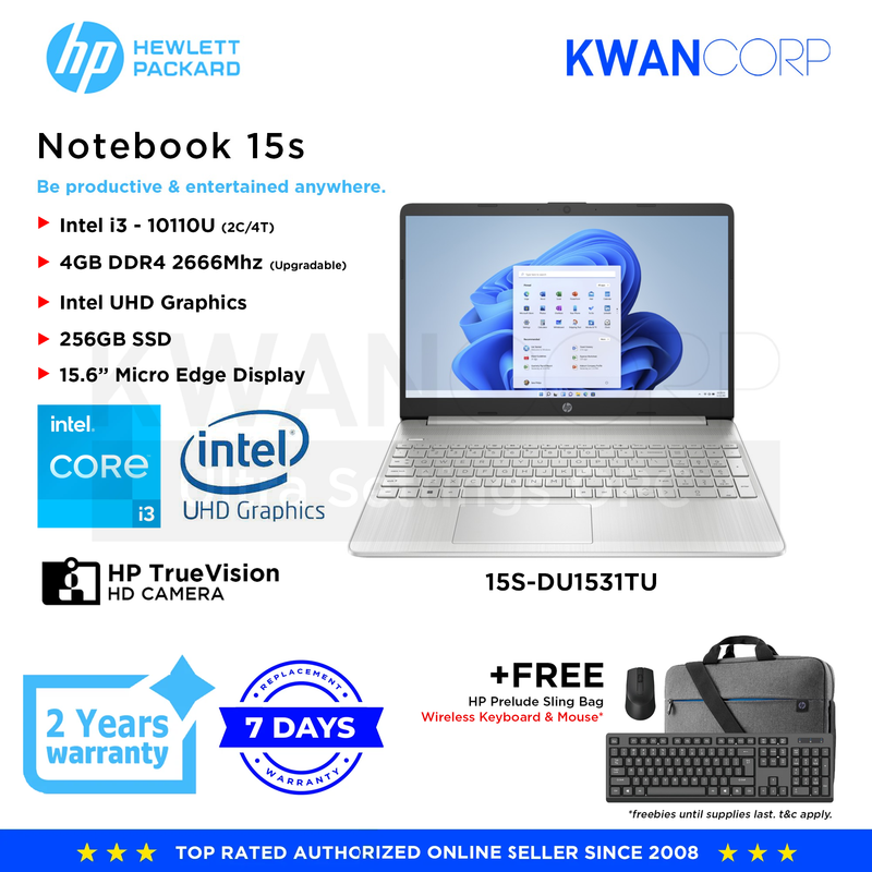 HP Notebook 15S-DU1531TU Intel i3 - 10110U 4GB RAM Intel UHD Graphics 256GB SSD 15.6" Mainstream Laptop
