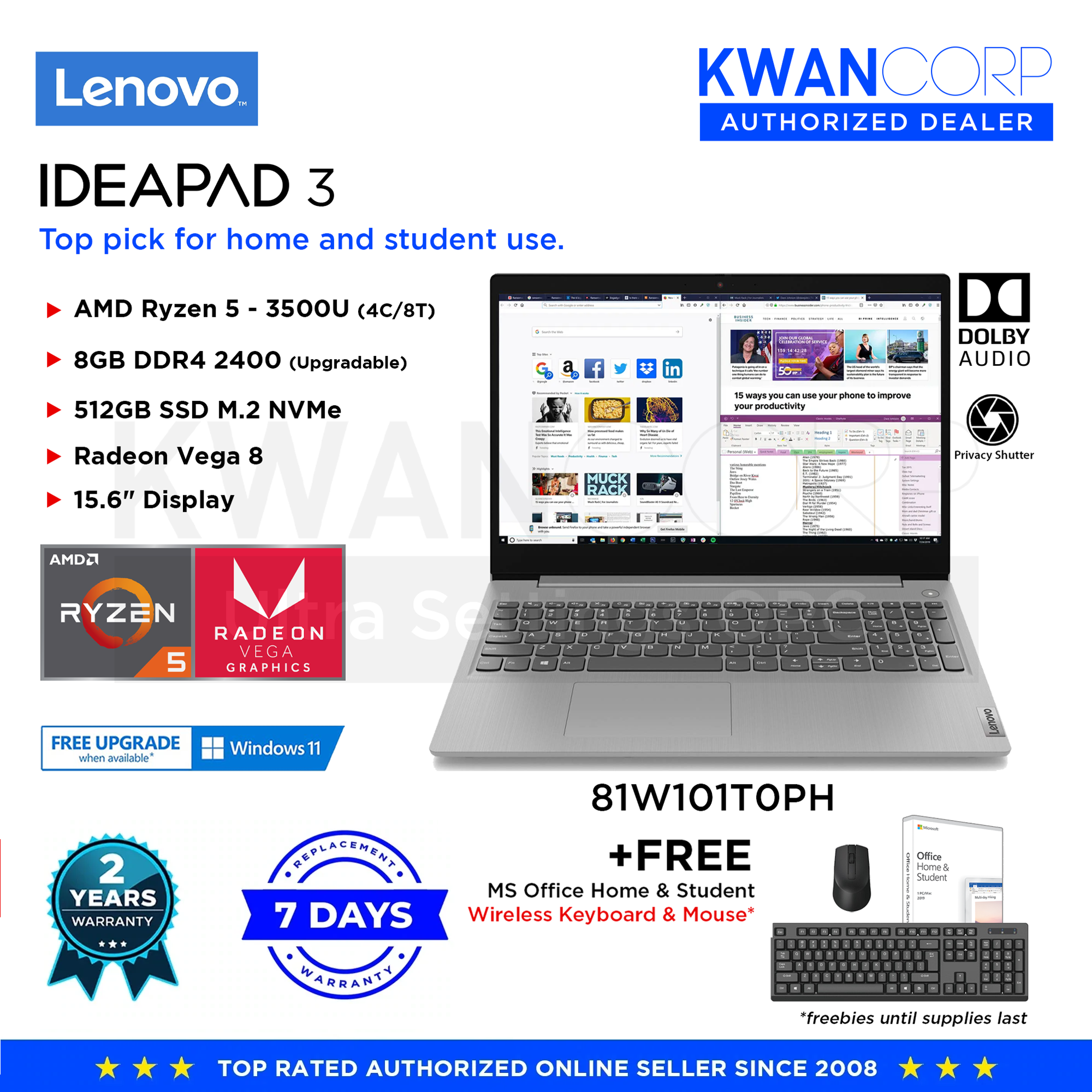 Lenovo Ideapad 3 81W101T0PH AMD Ryzen 5 3500U 8GB RAM Radeon Vega 8 51