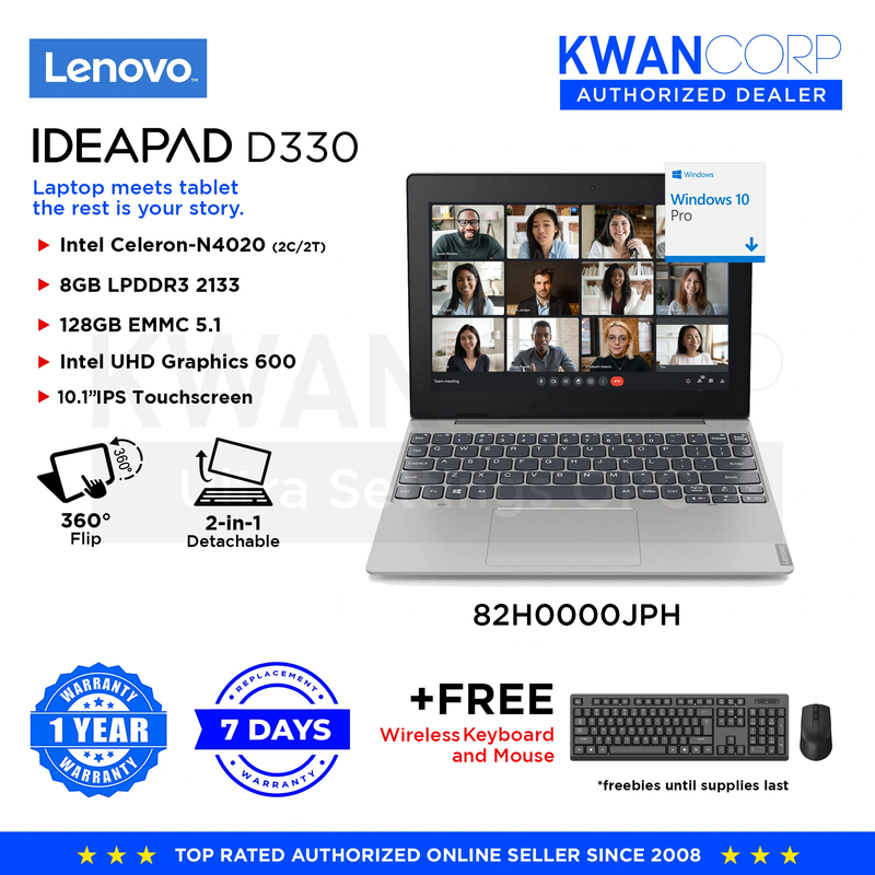 Lenovo Ideapad D330 82H0000JPH Intel Celeron N4020 8GB RAM Intel UHD Graphics 600 128GB 10.1" IPS 2in1 Laptop
