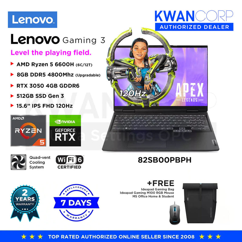 Lenovo IdeaPad Gaming 3 82SB00PBPH AMD Ryzen 5 6600H 8GB RAM RTX 3050 4GB 512GB SSD 15.6" IPS FHD Gaming Laptop