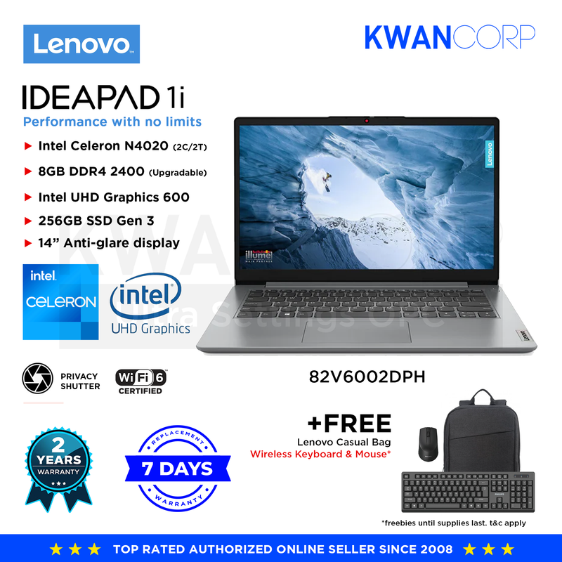 Lenovo Ideapad 1 82V6002DPH Intel Celeron N4020 8GB RAM Intel UHD Graphics 600 256GB SSD 14" Mainstream Laptop