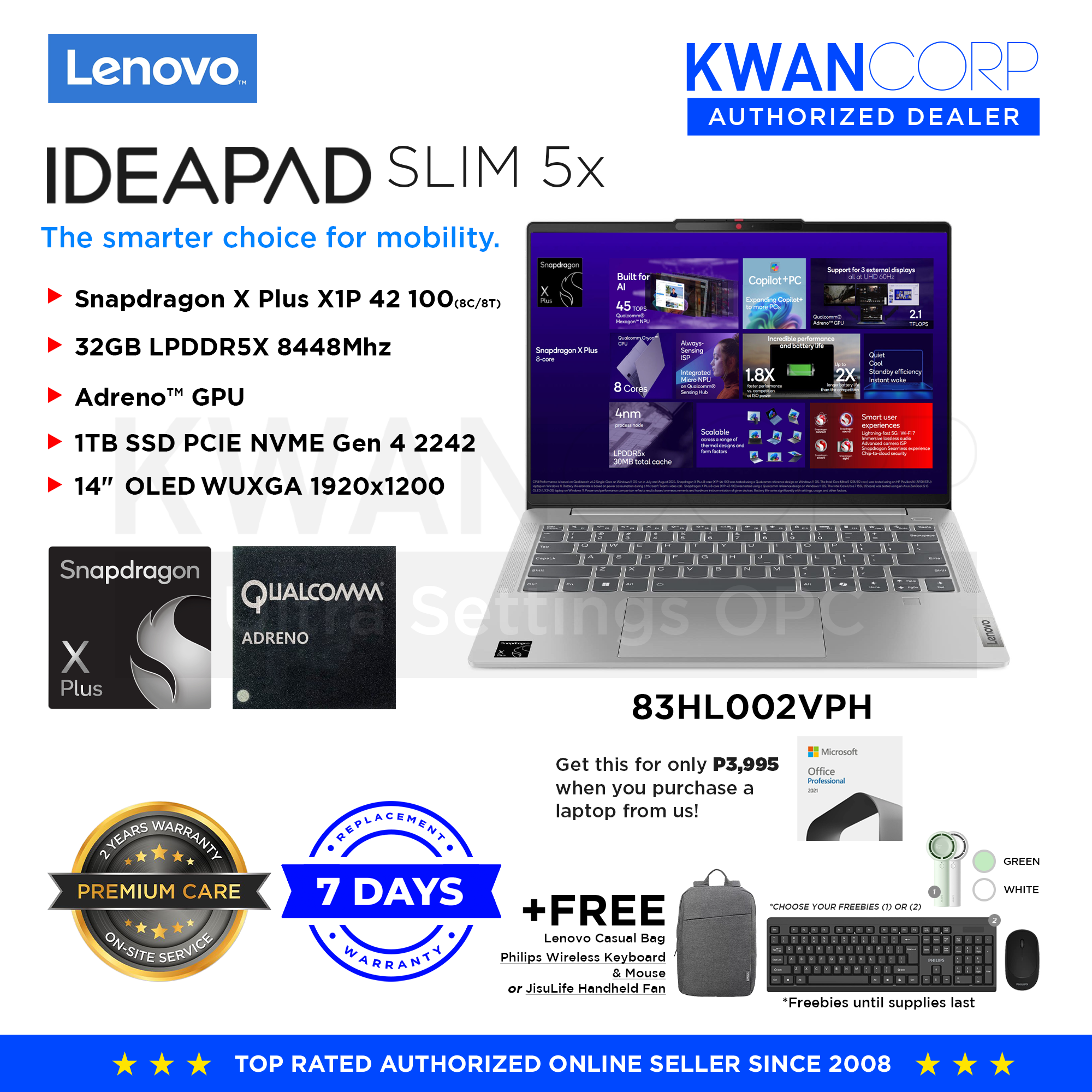 Lenovo IdeaPad Slim 5. 83HL002VPH Qualcom Snapdragon X Plus X1P 42 100