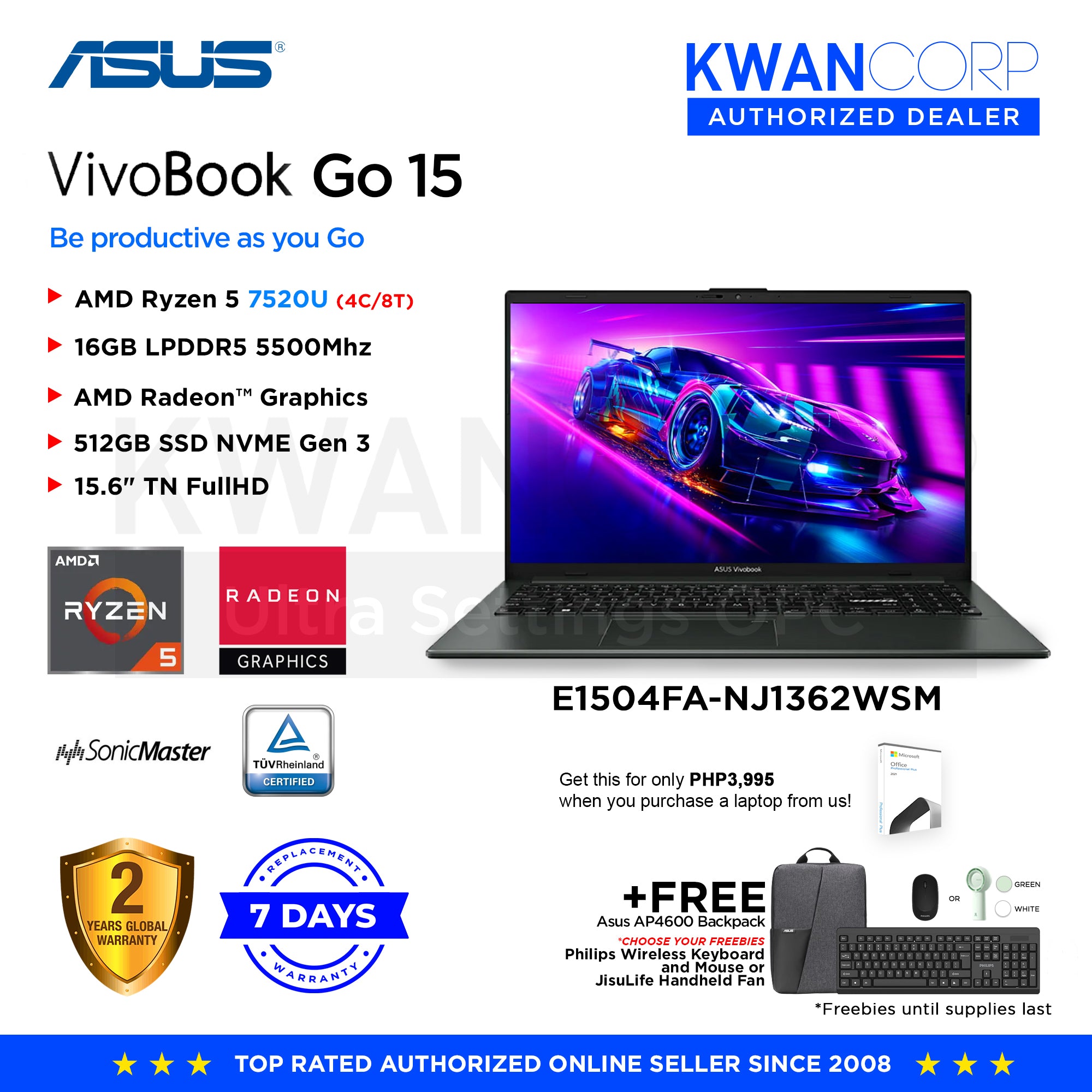 Asus Vivobook Go 15. E1504FA-NJ1362WSM AMD Ryzen 5 7520U 16GB RAM AMD