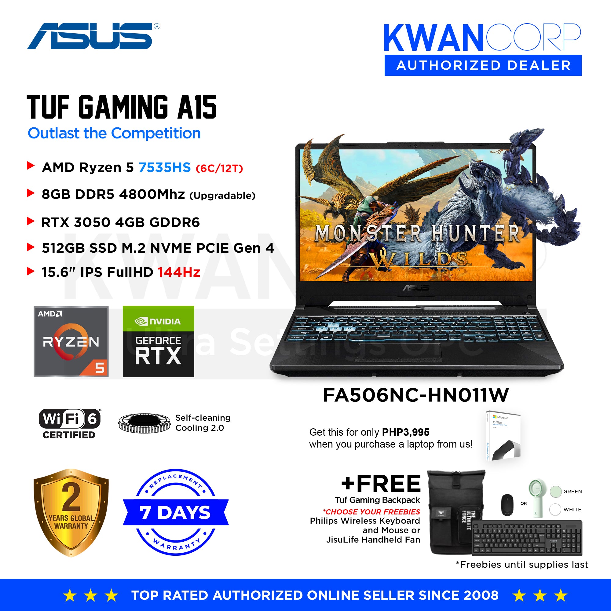 Asus TUF Gaming FA506NC-HN011W AMD Ryzen 7535HS 8GB RAM RTX 3050 4GB  512GB SSD IPS FullHD 144Hz Windows 11 Gaming Laptop