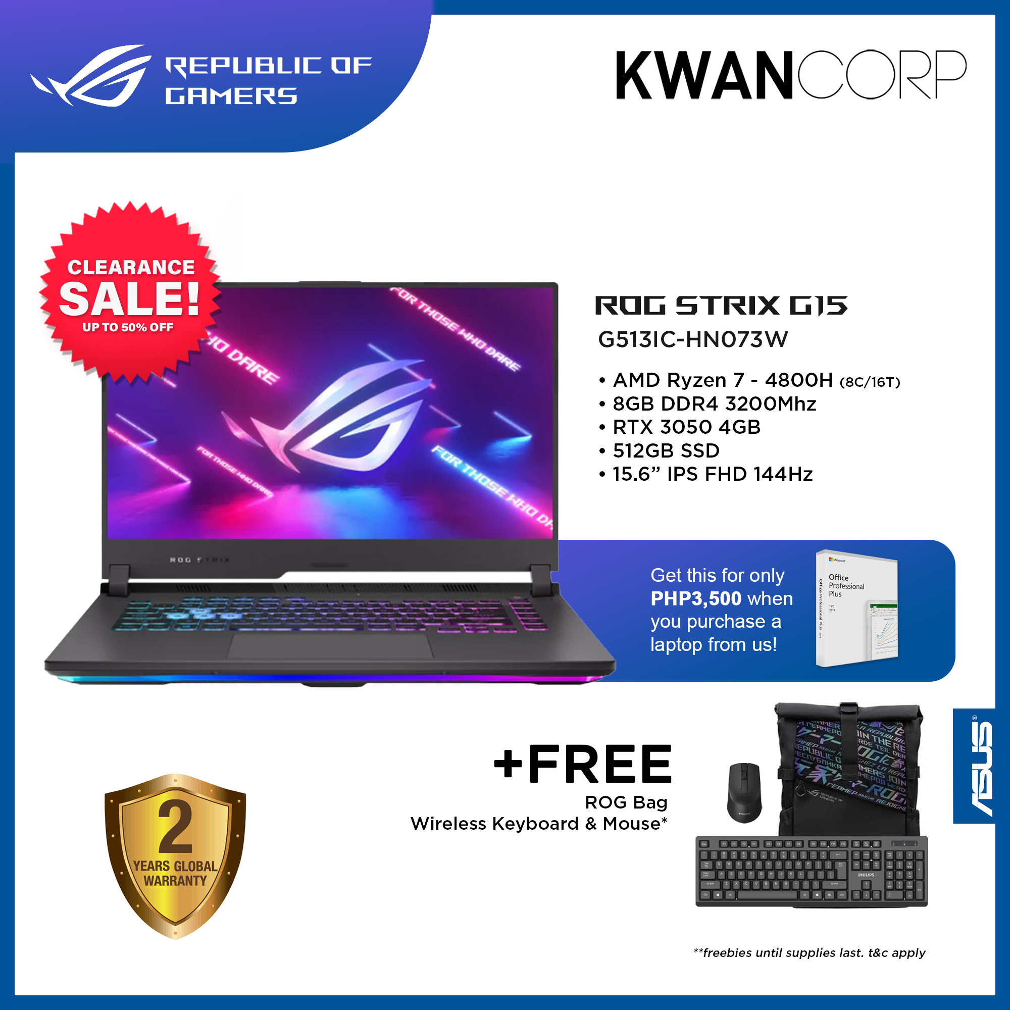Asus ROG Strix G15 G513IC-HN073W AMD Ryzen 4800H 8GB RAM RTX 3050 4GB  512GB SSD IPS FHD 144Hz Gaming Laptop