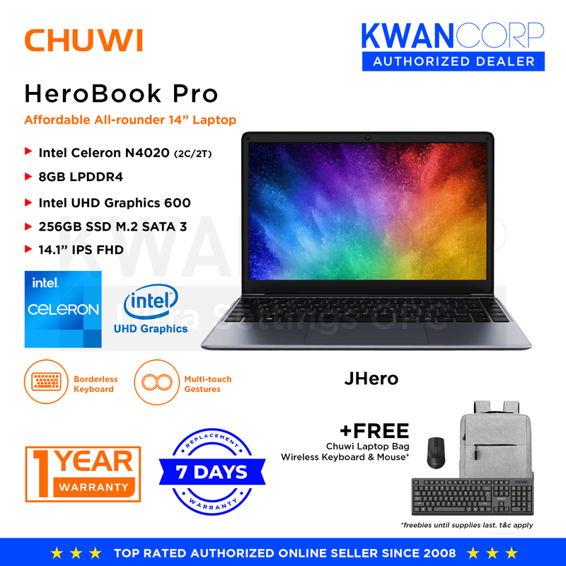 Chuwi HeroBook Pro JHero Intel Celeron N4020 8GB RAM Intel UHD Graphics 600 256GB SSD 14" IPS FHD Mainstream Laptop