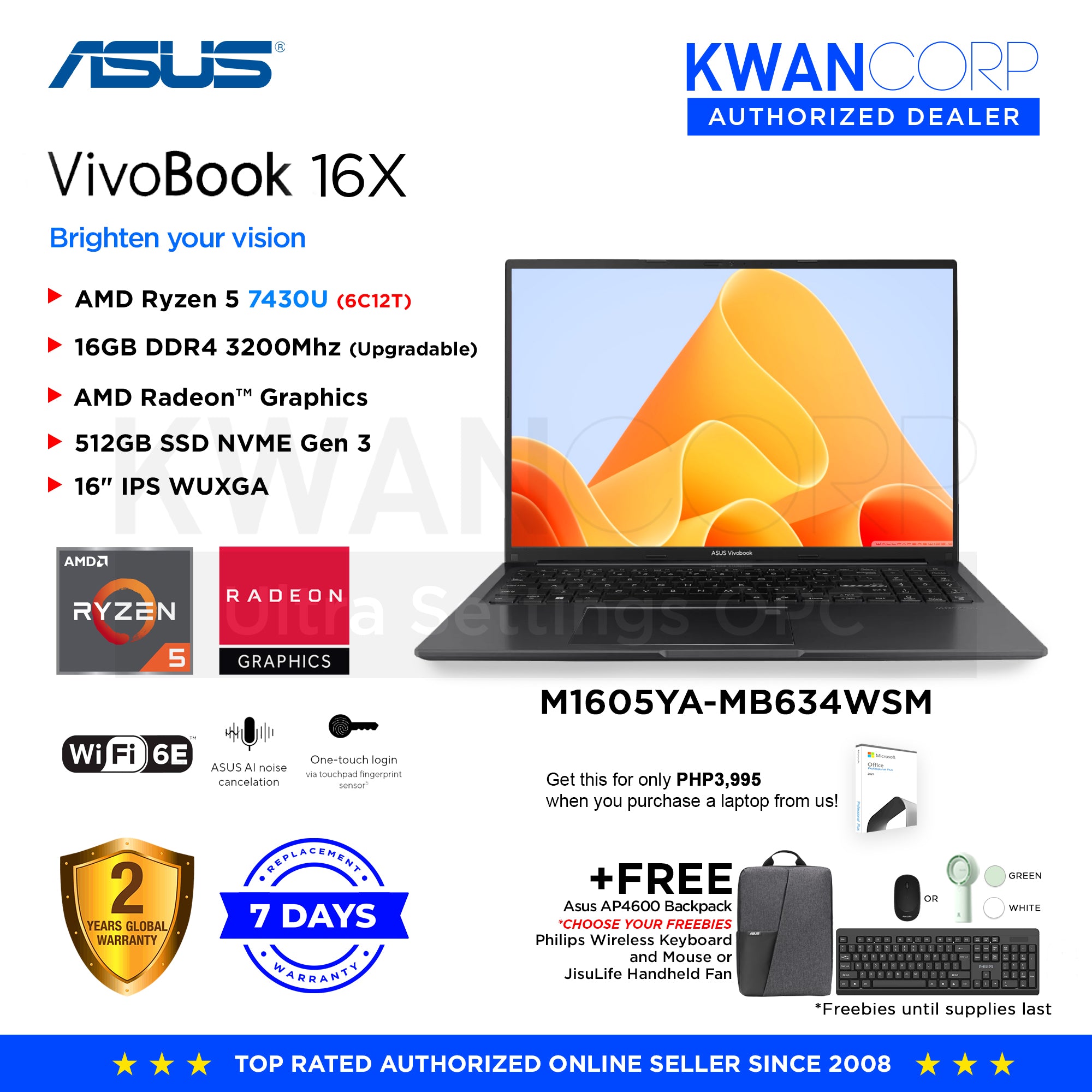 Asus Vivobook 16X. M1605YA-MB634WSM AMD Ryzen 5 7430U 16GB RAM AMD Rad