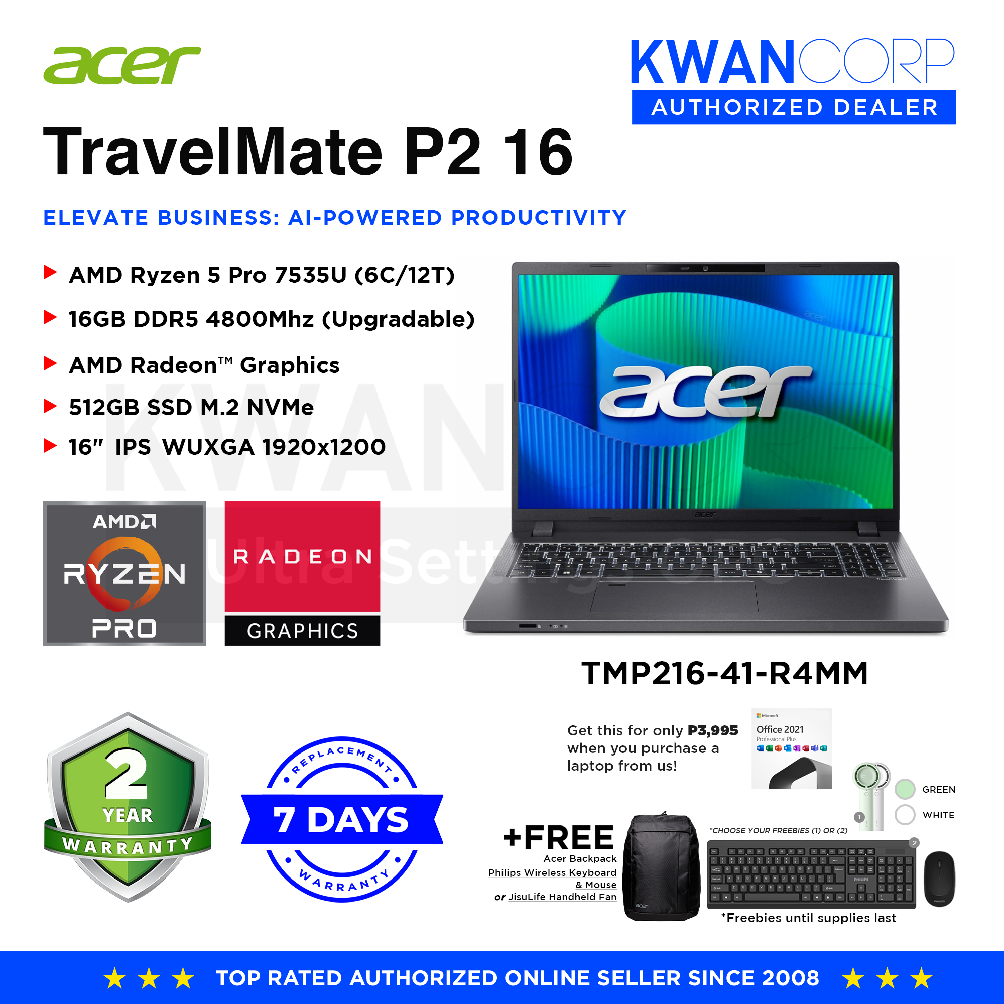 Acer TravelMate P2 TMP216-41-R4MM AMD Ryzen 5 PRO 7535U 16GB RAM 512GB