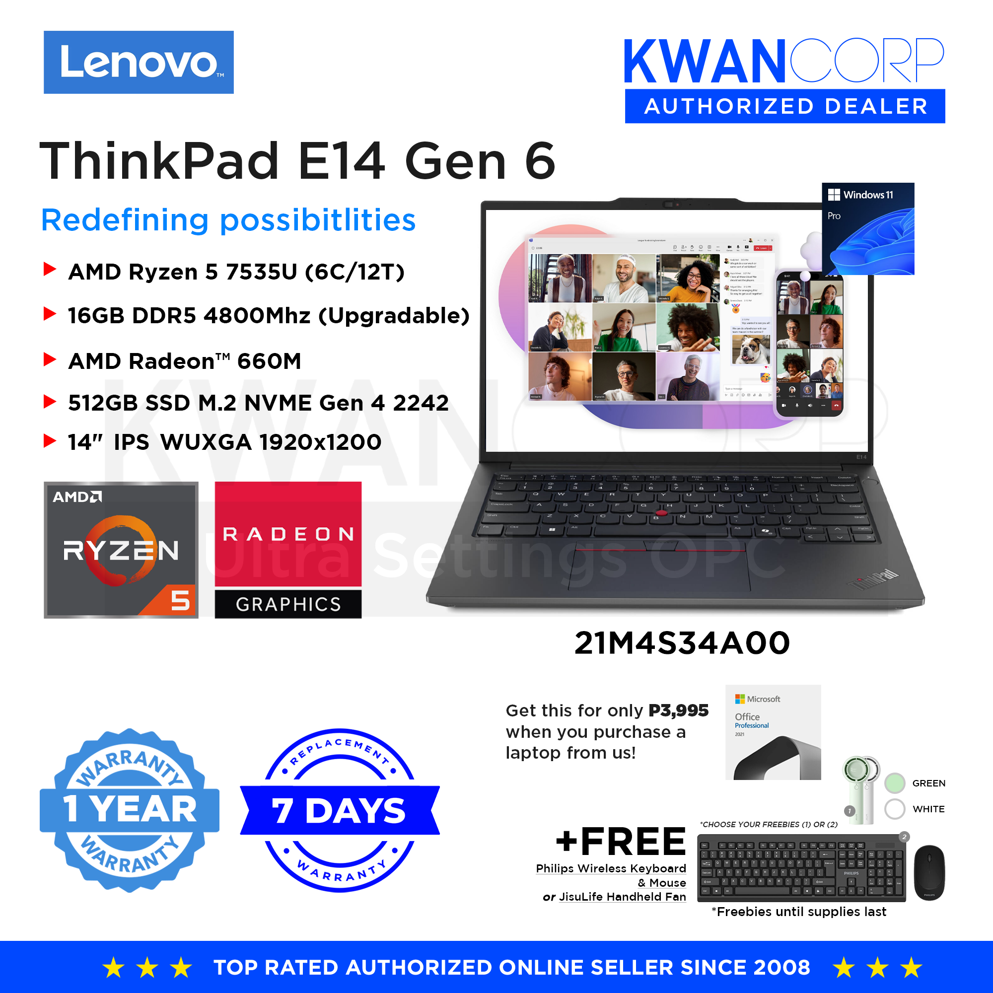 Lenovo Thinkpad E14 Gen 6 21M4S34A00 AMD Ryzen 5 7535U 16GB RAM AMD Ra