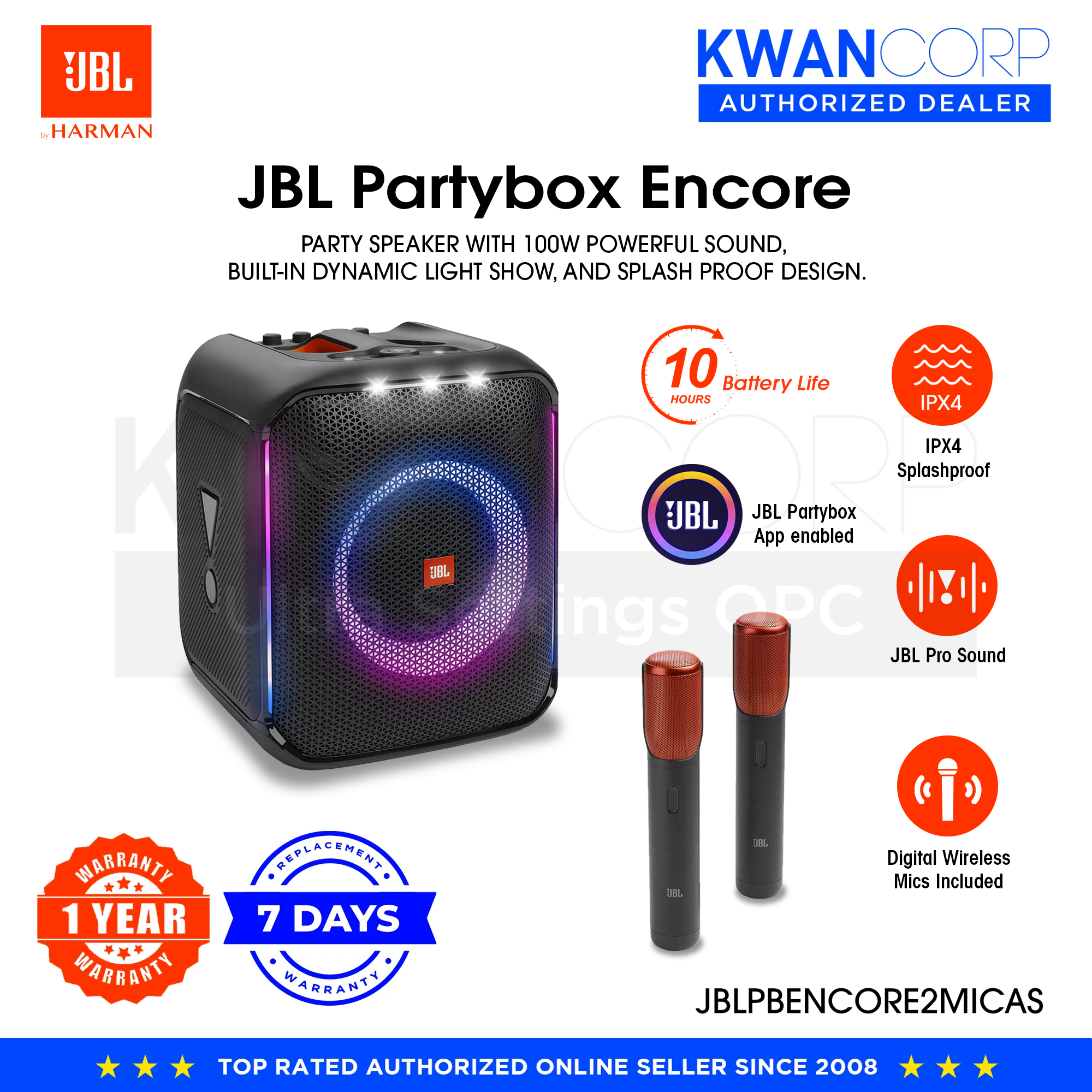 JBL Partybox Encore with 2 wireless mics splashproof portable party sp