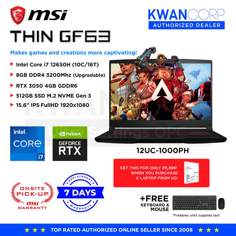 MSI GF63 Thin 12UC-1000PH Intel Core i7 12th Gen 8GB 512GB SSD RTX 3050 4GB 15.6" IPS FHD 144Hz Windows 11 Gaming Laptop