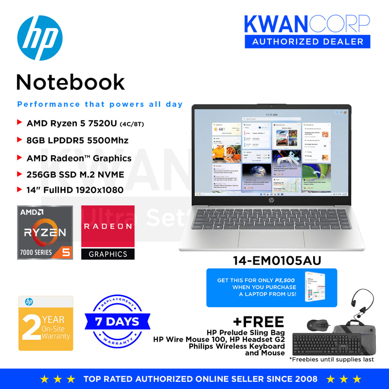 HP Notebook 14 14-EM0105AU AMD Ryzen 5 7520U 8GB 256GB SSD 14" FHD Windows 11 Laptop