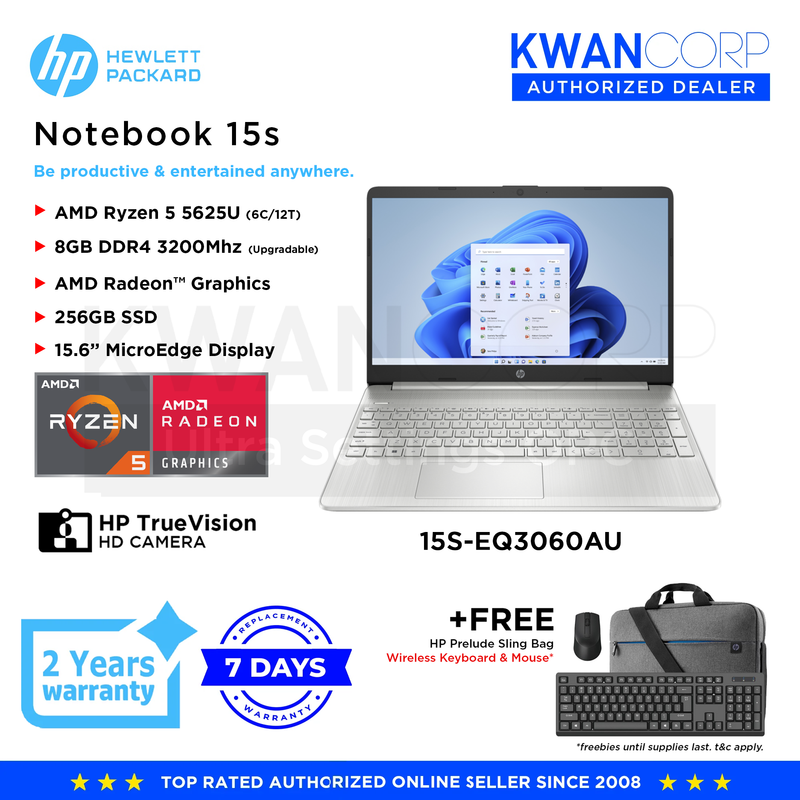 HP Notebook 15S-EQ3060AU AMD Ryzen 5 5625U 8GB RAM AMD Radeon™ Graphics 256GB SSD 15.6" Mainstream Laptop