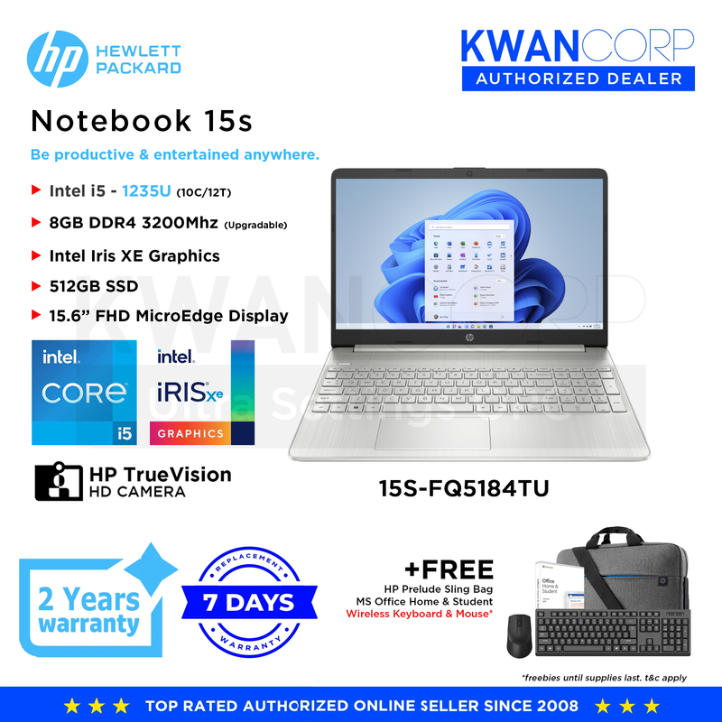 HP Notebook 15S-FQ5184TU Intel i5 1235U 8GB RAM Intel Iris XE Graphics 512GB SSD 15.6" FHD Mainstream Laptop