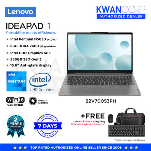 Lenovo IdeaPad 1 82V70053PH Intel Pentium Silver N5030 8GB RAM Intel UHD Graphics 605 256GB SSD 15.6" HD Mainstream Laptop