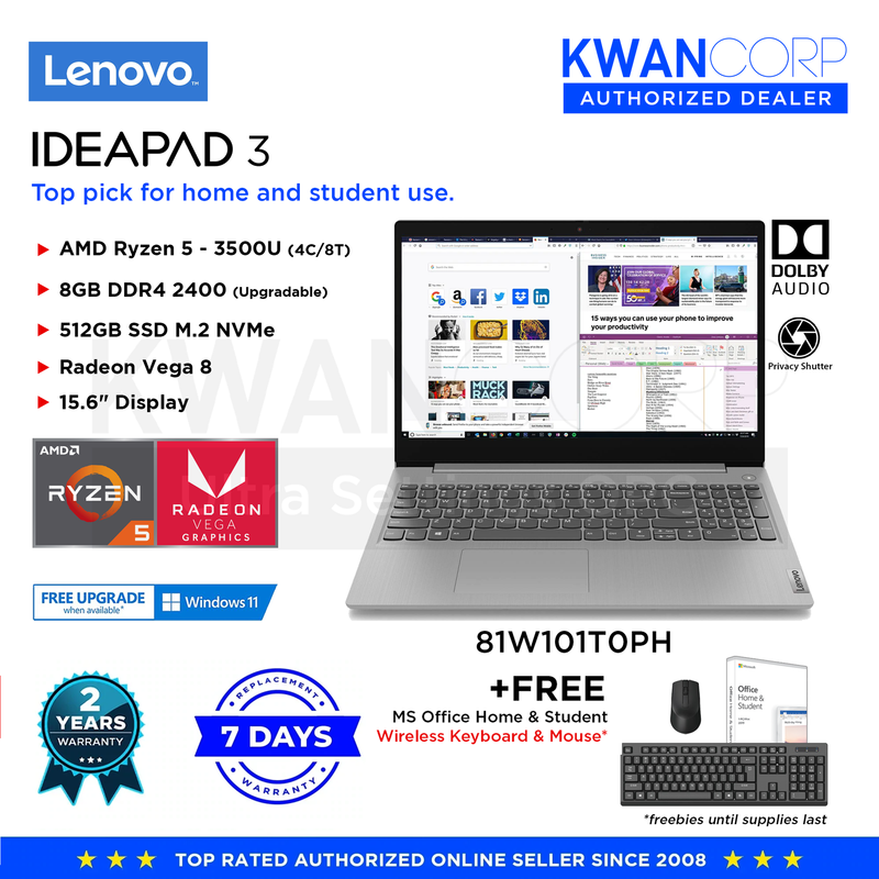 Lenovo Ideapad 3 81W101T0PH AMD Ryzen 5 3500U 8GB RAM Radeon Vega 8 512GB SSD 15.6" Laptop
