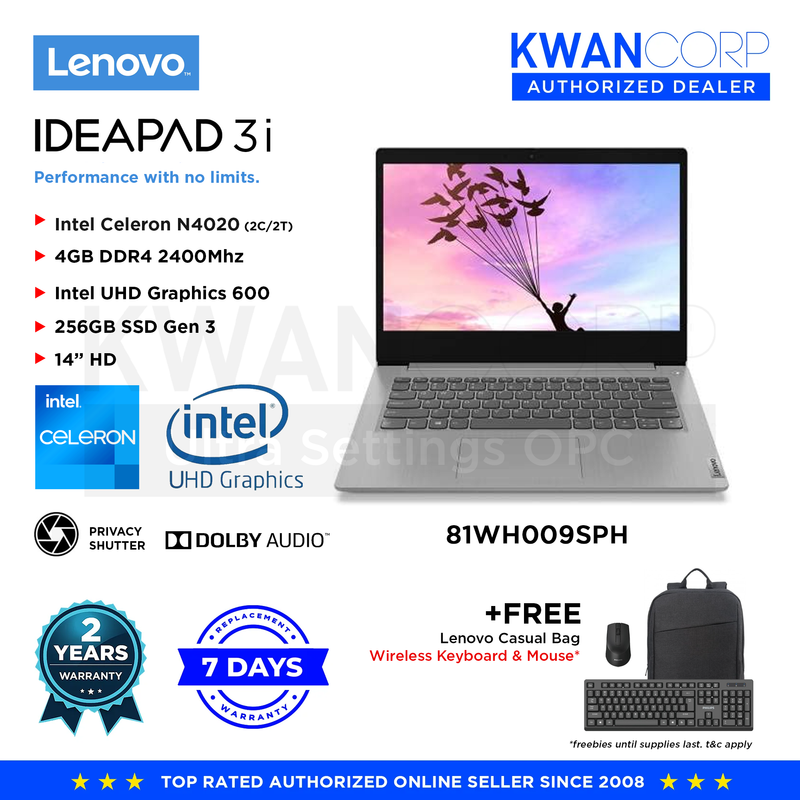 Lenovo IdeaPad 3i 81WH009SPH Intel Celeron N4020  4GB RAM Intel UHD Graphics 600 256GB SSD 14: Mainstream Laptop