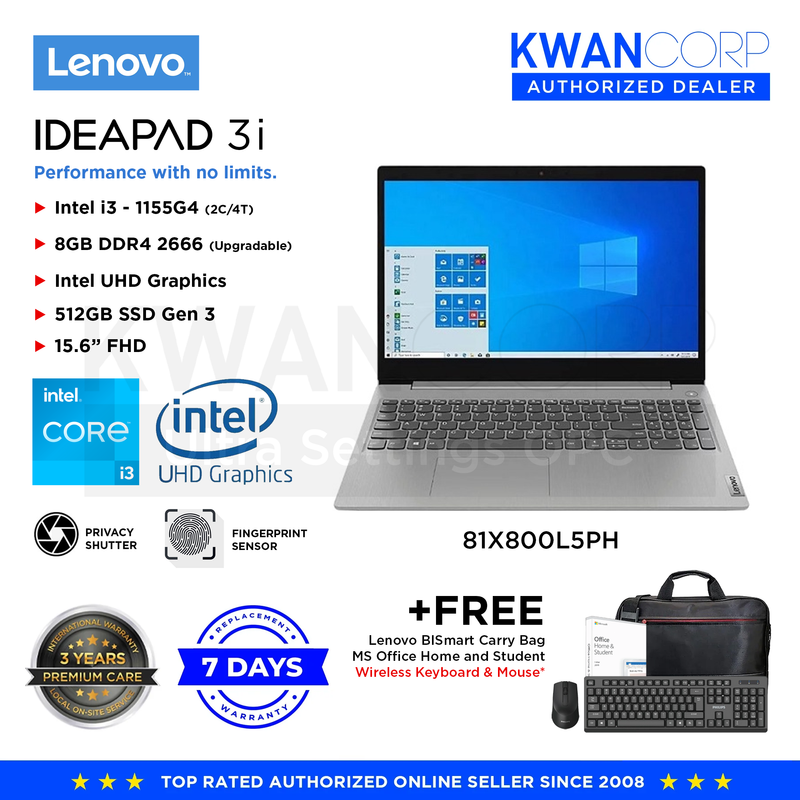 Lenovo IdeaPad 3i 81X800L5PH Intel i3 1115G4 8GB RAM Intel UHD Graphics 512GB SSD 15.6" FHD Mainstream Laptop