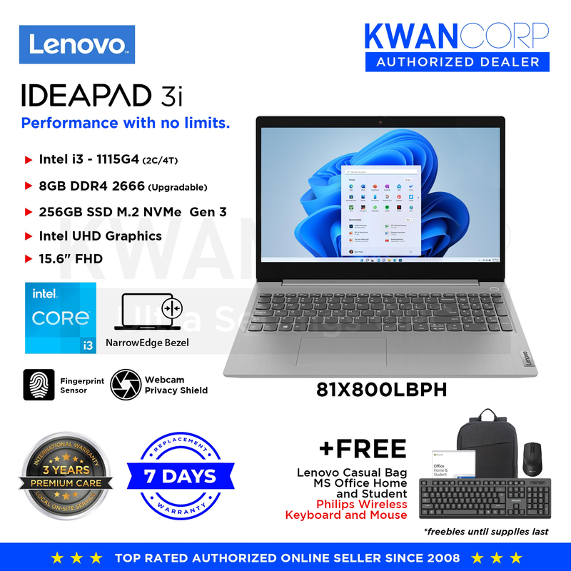 Lenovo IdeaPad 3i 81X800LBPH Intel i3 1115G4 8GB RAM Intel UHD Graphics 256GB SSD Gen 3 15.6" FHD Mainstream Laptop