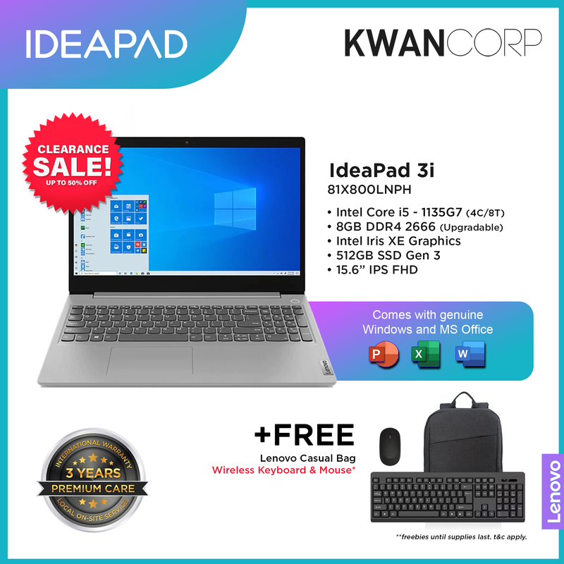 Lenovo IdeaPad 3i 81X800LNPH Intel i5 11th Gen 8GB RAM Intel Iris XE Graphics 512GB SSD 15.6" IPS FHD Windows 11 Laptop