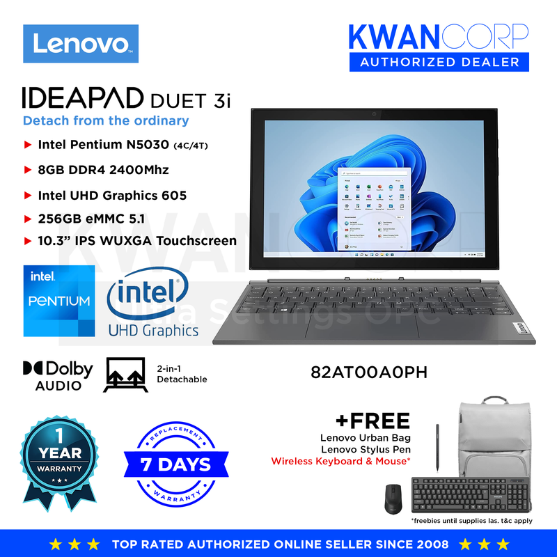 Lenovo IdeaPad Duet 3i 82AT00A0PH Intel Pentium N5030 8GB RAM Intel UHD Graphics 605 256GB eMMC 10.3" IPS WUXGA Touchscreen Laptop