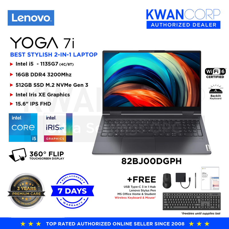 Lenovo Yoga 7i 82BJ00DGPH Intel i5 1135G7 16GB RAM Intel Iris XE Graphics 512GB SSD Gen 3 15.6" IPS FHD Windows 11 Premium Laptop