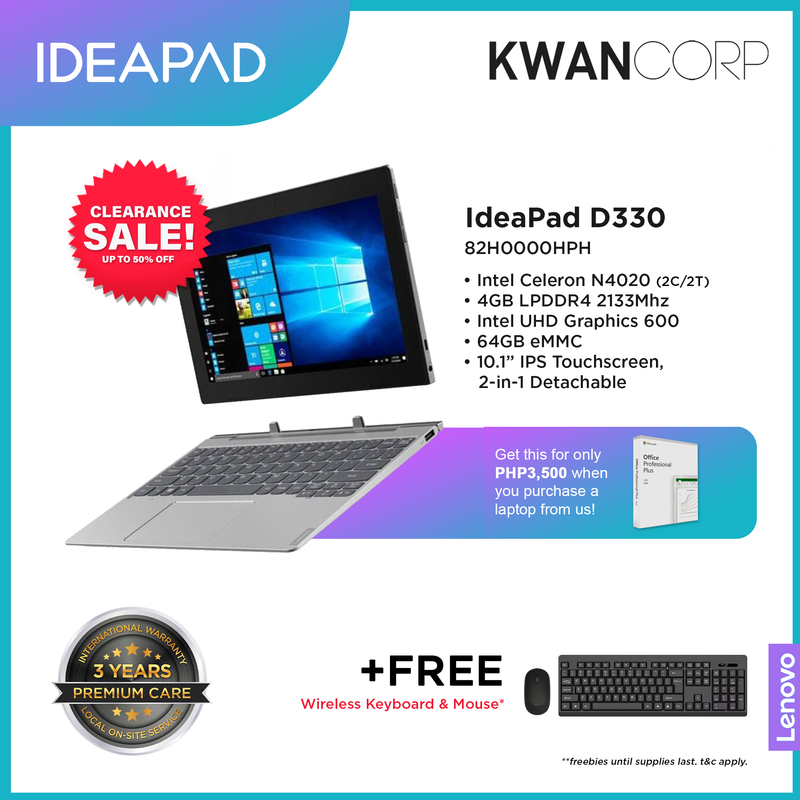 Lenovo IdeaPad D330 82H0000HPH Intel Celeron N4020 4GB RAM Intel UHD Graphics 600 10.1" IPS Touchscreen 2 in 1 Detachable Laptop
