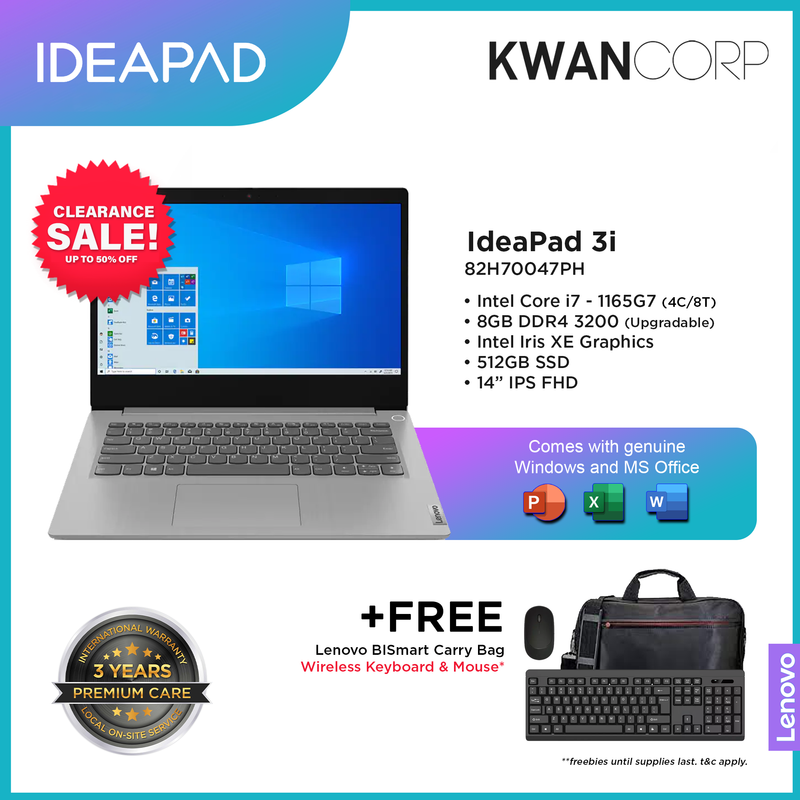 Lenovo IdeaPad 3 82H70047PH Intel i7 8GB RAM Intel Iris XE 512GB SSD 14 IPS FHD Premium Laptop