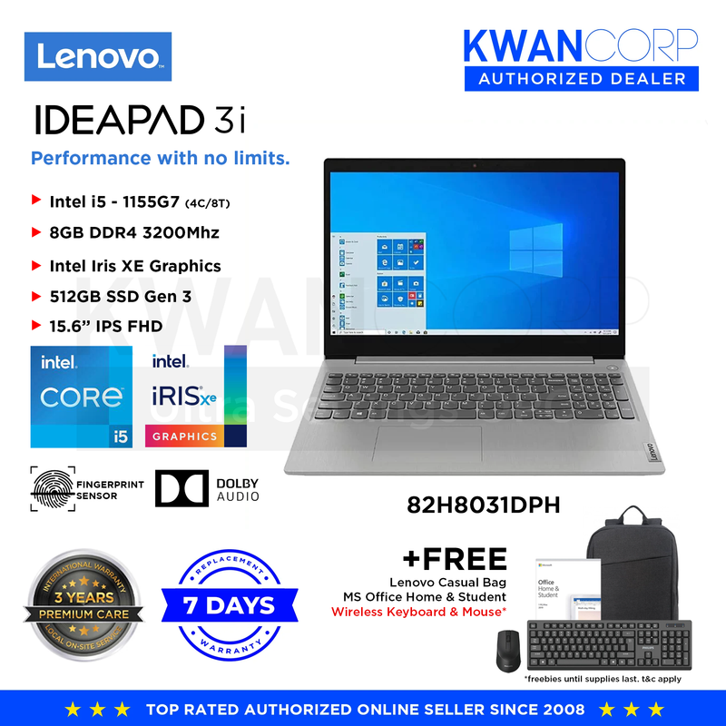 Lenovo Ideapad 3i 82H8031DPH  Intel i5 - 1155G7 Intel Iris XE Graphics 512GB SSD 15.6" IPS FHD Mainstream Laptop