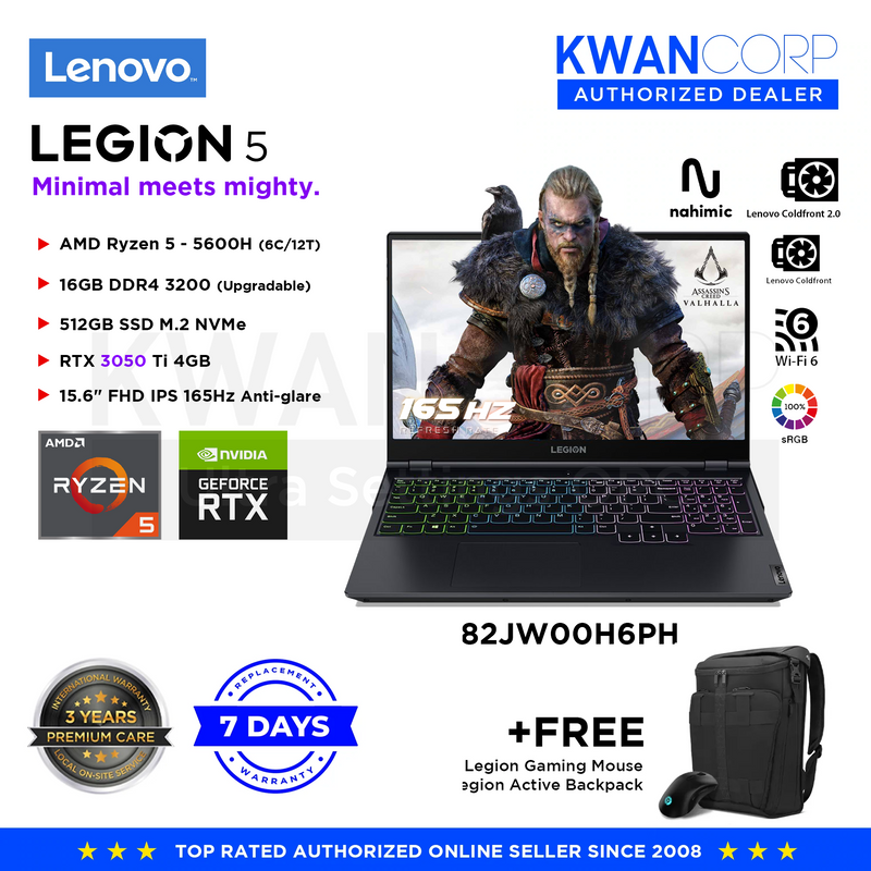 Lenovo Legion 5 82JW00H6PH AMD Ryzen 5 - 5600H 16GB RAM RTX 3050 Ti 4GB 512GB SSD M.2 15.6" IPS FHD 165Hz Windows 11 Gaming Laptop