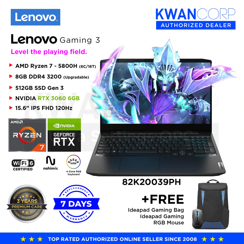 Lenovo Gaming 3 82K20039PH AMD Ryzen 7 - 5800H 8GB RAM RTX 3060 6GB 512GB SSD 15.6" IPS FHD 120Hz Gaming Laptop