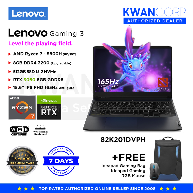 Lenovo Gaming 3 82K201DVPH AMD Ryzen 7 5800H RTX 3060 6GB 512GB SSD 15.6" IPS FHD 165Hz Windows 11 Gaming Laptop