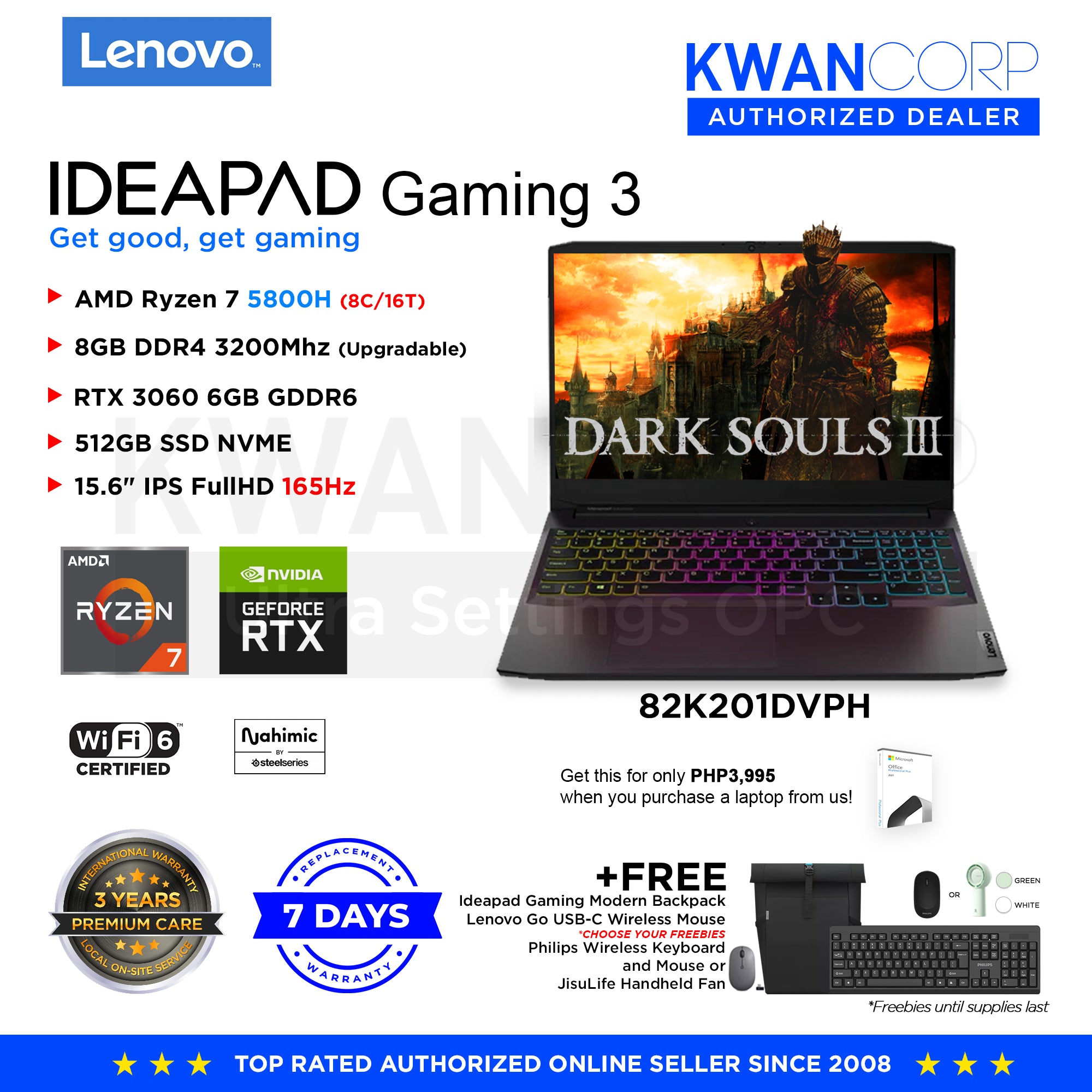 Lenovo Gaming 3 82K201DVPH AMD Ryzen 7 5800H RTX 3060 6GB 512GB SSD 15
