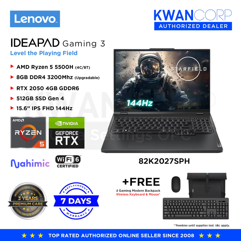 Lenovo IdeaPad Gaming 3 82K2027SPH AMD Ryzen 5 5500H 8GB RAM RTX2050 4GB 512GB SSD 15.6" IPS FHD Gaming Laptop