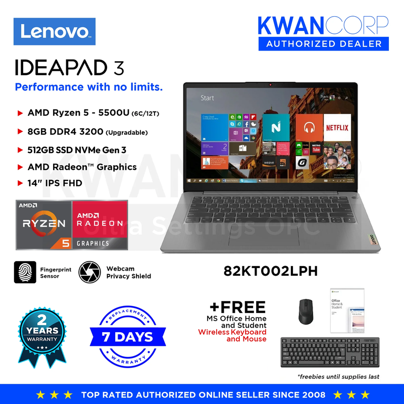 Lenovo IdeaPad 3 82KT002LPH AMD Ryzen 5 5500U 8GB RAM AMD Radeon™ Graphics 512GB SSD 14" IPS FHD Windows 10 Laptop