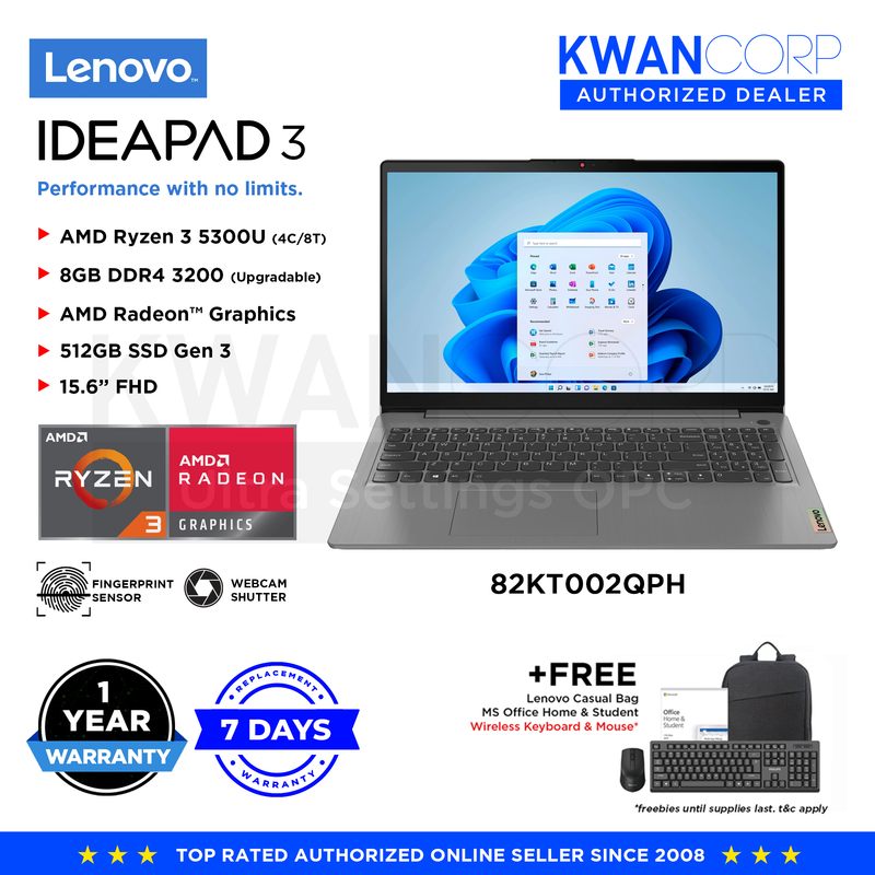 Lenovo Ideapad 3 82KT002QPH AMD Ryzen 3 5300U 8GB RAM AMD Radeon™ Graphics 512GB SSD Gen 3 14" FHD Mainstream Laptop