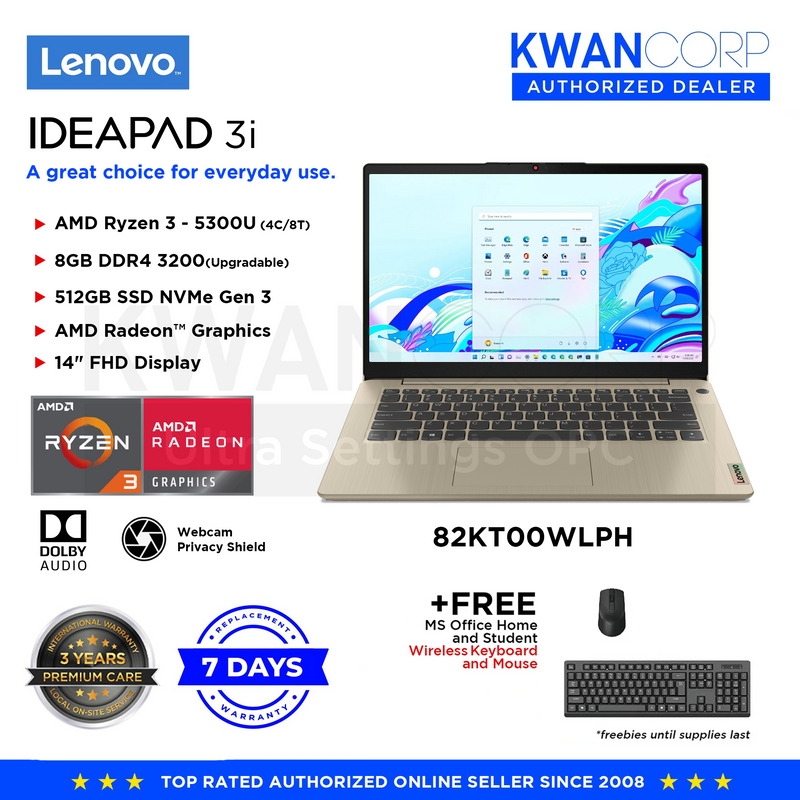 Lenovo IdeaPad 3 82KT00WLPH AMD Ryzen 3 5300U 8GB RAM AMD Radeon™ Graphics 512GB SSD 14" FHD Windows 11 Laptop