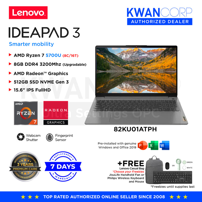 Lenovo IdeaPad 3 82KU01ATPH AMD Ryzen 7 5700U 8GB RAM AMD Radeon Graphics 512GB SSD 15.6" IPS FHD Windows 11 Laptop