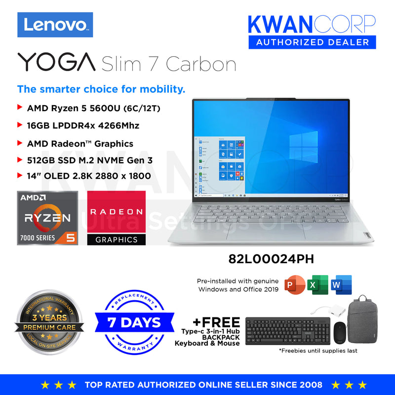 Lenovo Yoga Slim 7 Carbon. 82L00024PH AMD Ryzen 5 5600U 16GB AMD Radeon™ Graphics 512GB SSD 14" OLED 2.8K Windows 11 Premium Laptop