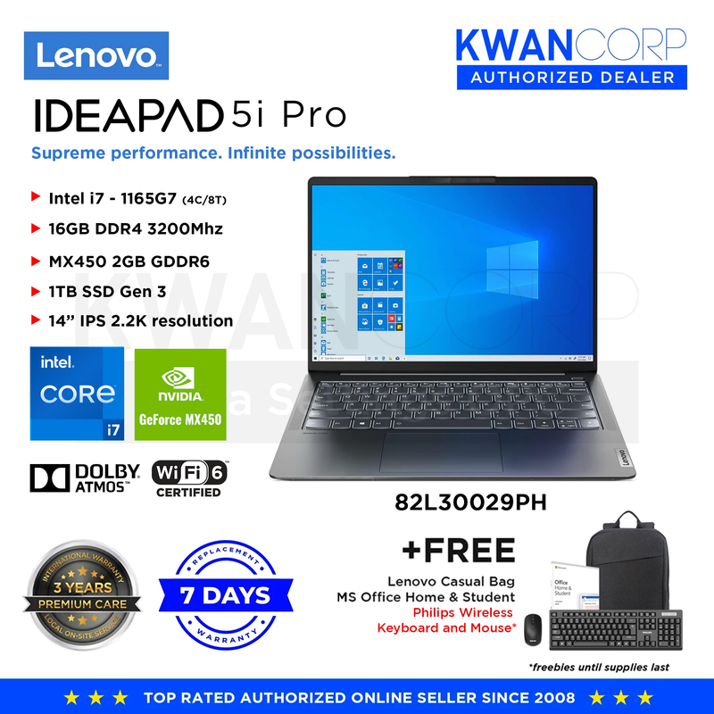 Lenovo IdeaPad 5i Pro 82L30029PH Intel i7 1165G7 16GB RAM MX450 2GB 1TB SSD Gen 3 14" IPS 2.2K reso Premium Laptop