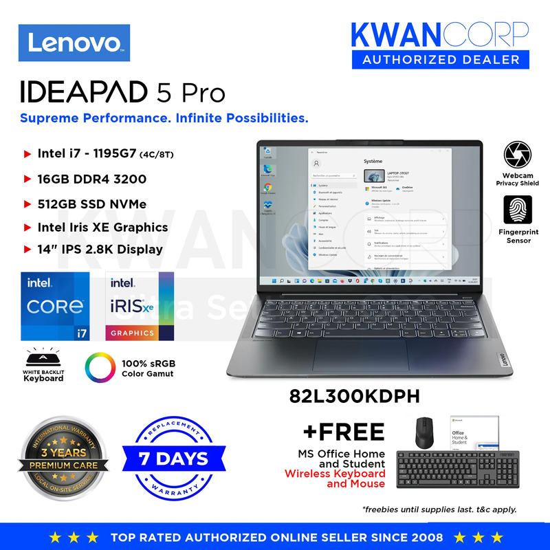 Lenovo IdeaPad 5i Pro 82L300KDPH Intel i7 - 1195G7 16GB RAM Intel Iris XE Graphics 512GB SSD 14" IPS 2K resolution Premium Laptop