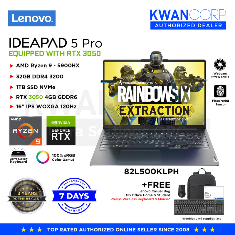 Lenovo IdeaPad 5 Pro 82L500KLPH AMD Ryzen 9 5900HX 32GB RAM RTX 3050 4GB 1TB SSD 16" IPS WQXGA 120Hz Windows 11 Gaming Laptop