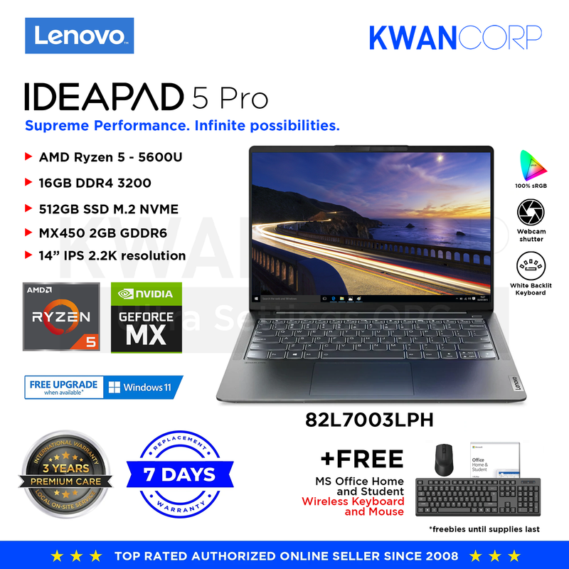 Lenovo IdeaPad 5 Pro 82L7003LPH AMD Ryzen 5 5600U 16GB RAM MX450 2GB 512GB SSD 14" IPS 2.2K Premium Laptop