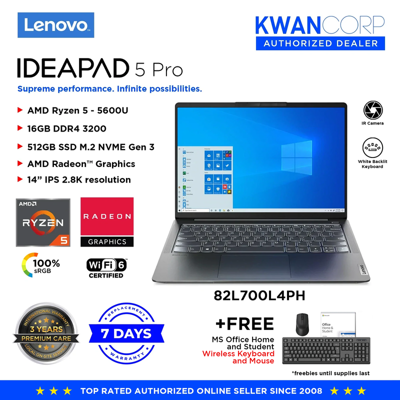 Lenovo IdeaPad 5 Pro 82L700L4PH AMD Ryzen 5 5600U 16GB RAM AMD Radeon™ Graphics 512GB SSD Gen 3 14" IPS 2.8K Resolution Premium Laptop