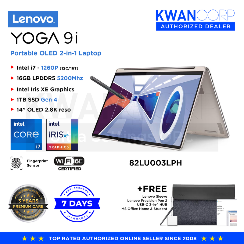 Lenovo Yoga 9i 82LU003LPH Intel i7 1260P 16GB RAM Intel Iris XE Graphics 1TB SSD Gen 4 14" OLED 2.8K reso Premium Laptop