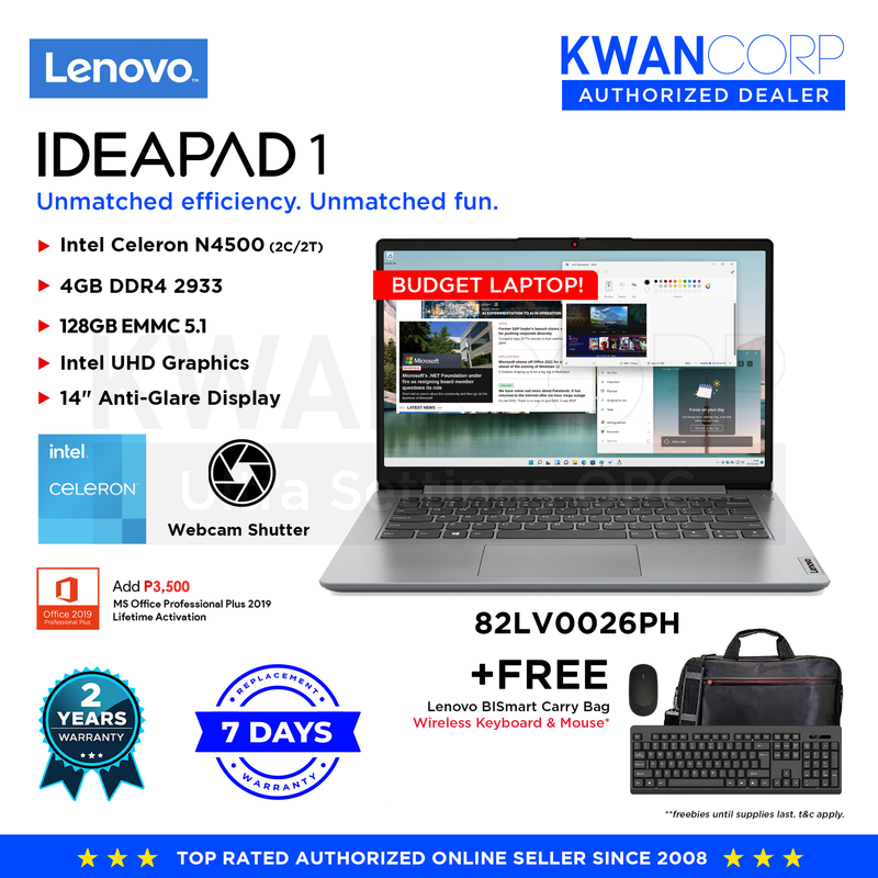 Lenovo IdeaPad 1 82LV0026PH Intel Celeron N4500 4GB RAM Intel UHD Graphics 128GB EMMC 14" Windows 11 Laptop