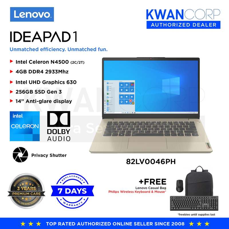 Lenovo Ideapad 1 82LV0046PH Intel Celeron N4500 4GB RAM Intel UHD Graphics 630 256GB SSD 14" Mainstream Laptop