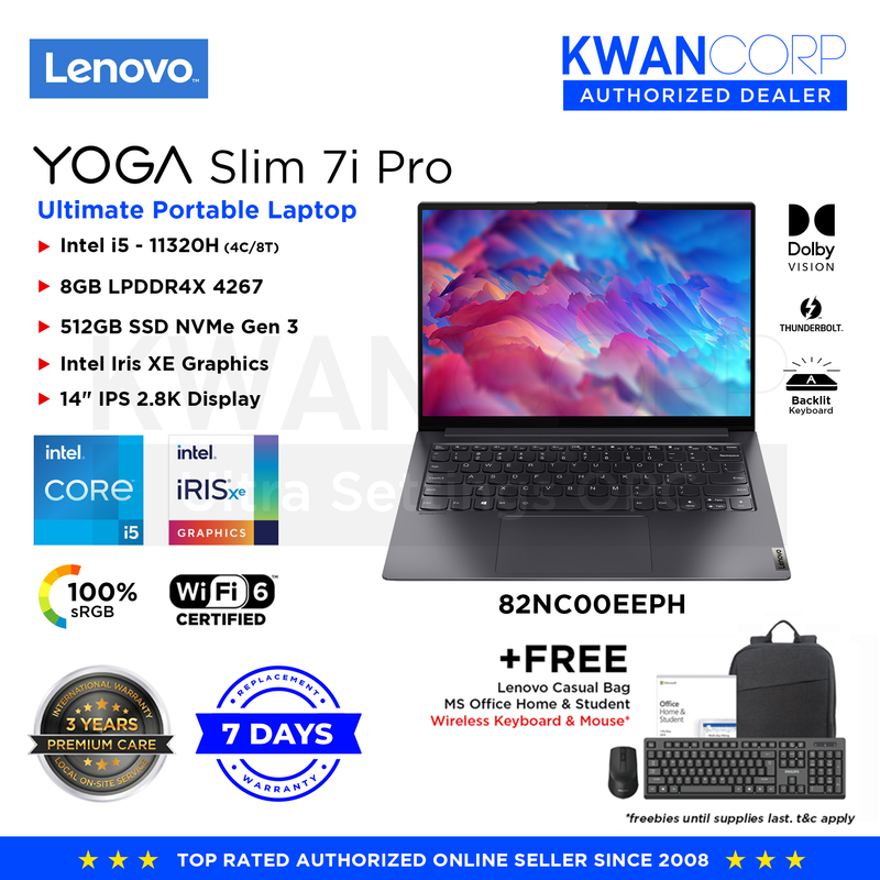 Lenovo Yoga Slim 7i Pro 82NC00EEPH Intel i5 11320H 8GB RAM Intel Iris XE Graphics 512GB SSD 14" IPS 2.8K Display Windows 11 Premium Laptop